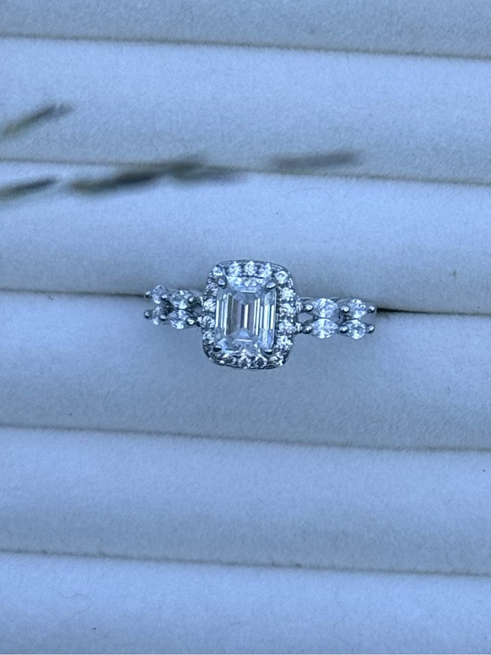 Moissanite Jewelry - Emerald-Cut Moissanite Halo Engagement Ring in Silver with Side Stones